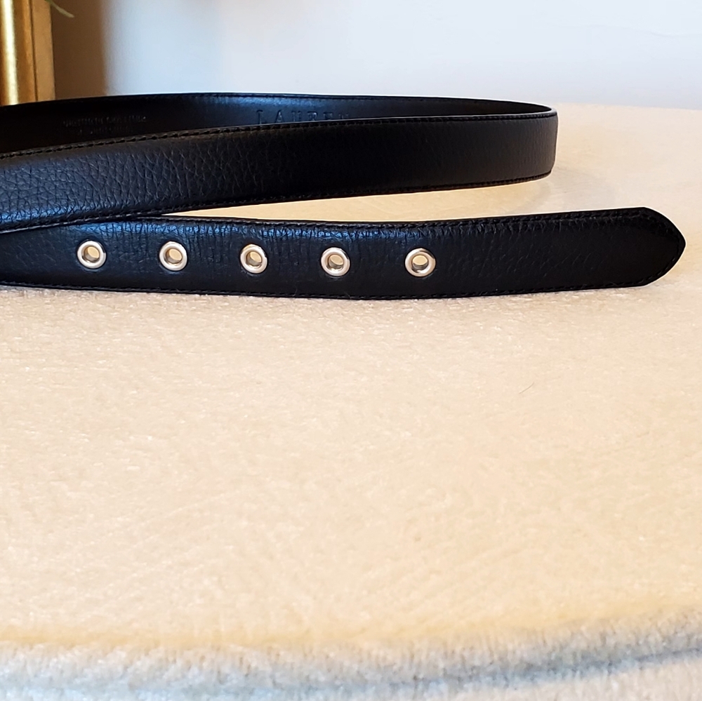 Ralph Lauren Black Leather Silver Monogram Buckle Silver Grommet Belt Lg EUC - Picture 9 of 16